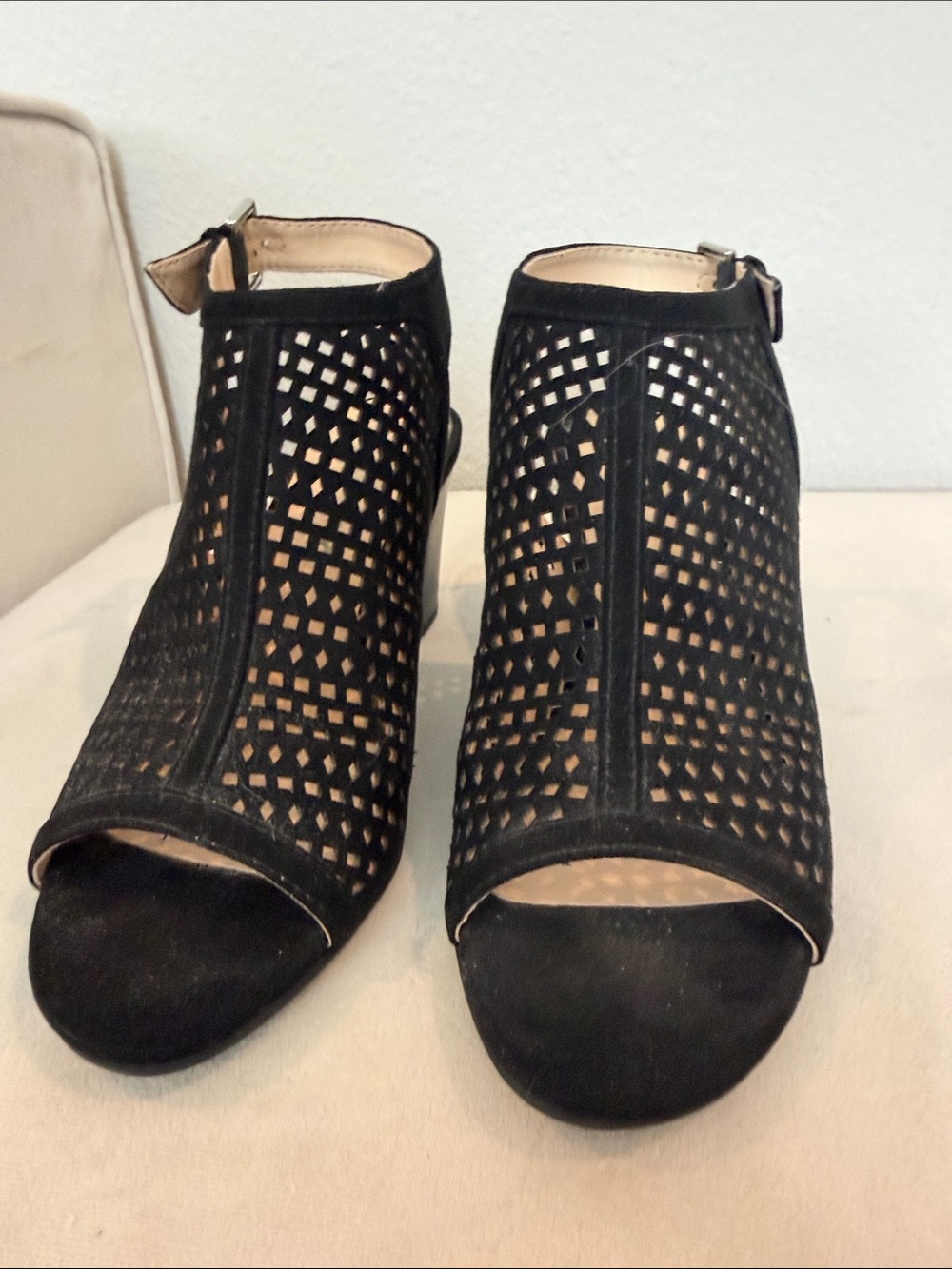 Unisa Black Laser-Cut Suede Peep-Toe Ankle Sandals